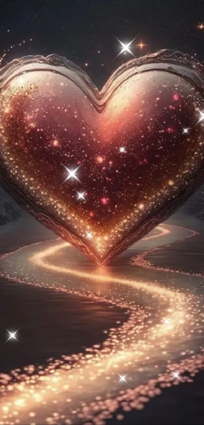 Mobile wallpaper of a glowing heart over a sparkling river on a dark background.