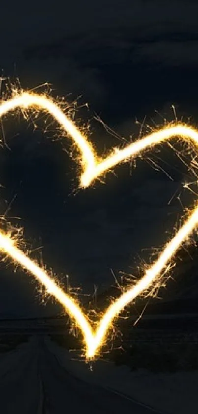 Road at night with glowing golden hearts in the dark sky.