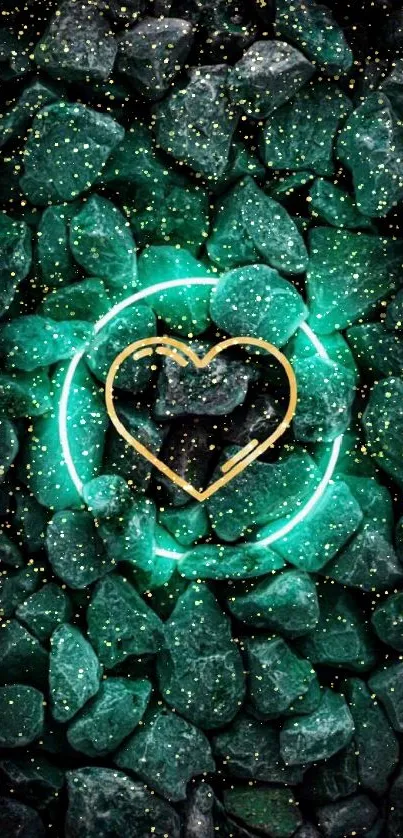 Emerald rocks with glowing heart design.