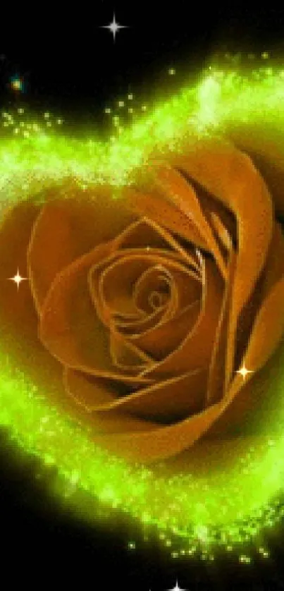 A vibrant orange rose inside a glowing green heart on a dark background.