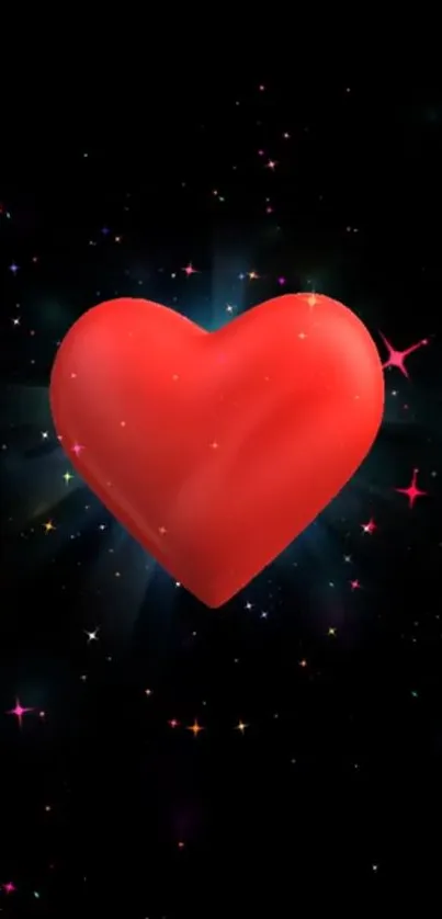 Radiant red heart amidst a starry galaxy background.