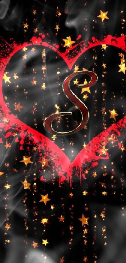 Red heart with golden stars glows on dark background wallpaper.