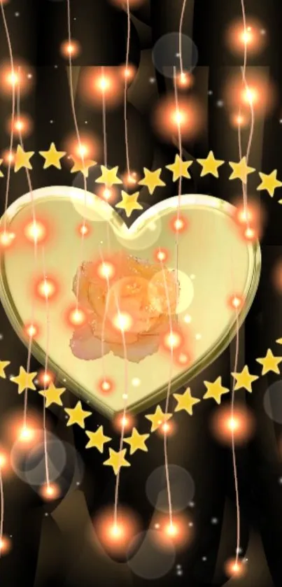 Glowing heart with stars and golden lights on a dark background.