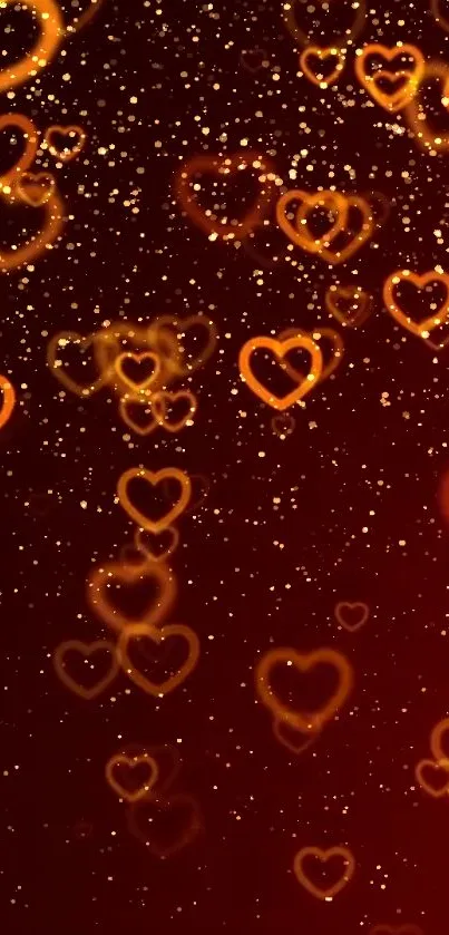 Glowing hearts and sparkles on a red mobile wallpaper.