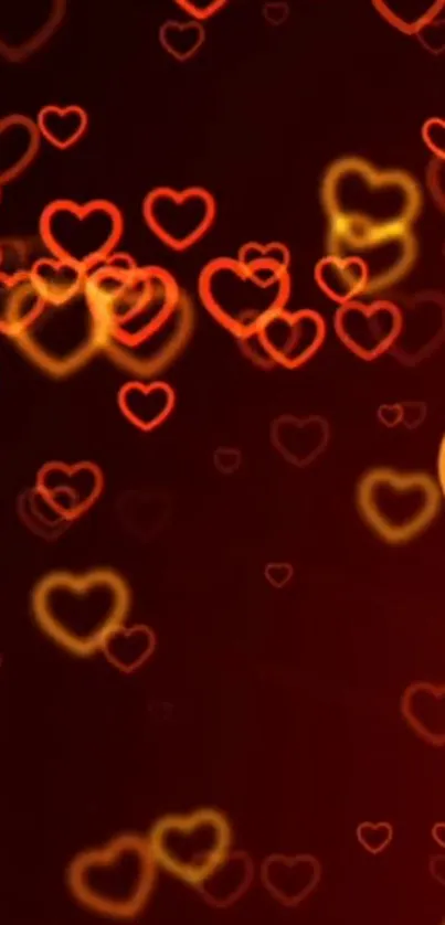 Mobile wallpaper with glowing red and orange hearts on a dark background.