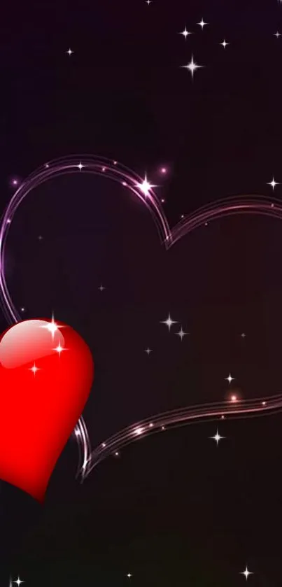 Glowing heart wallpaper with stars on a dark background.