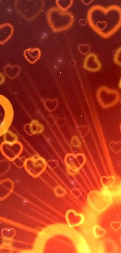 Orange glowing hearts on a warm red background for mobile wallpaper.