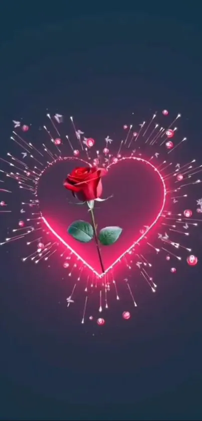 A neon heart with a glowing red rose centerpiece.