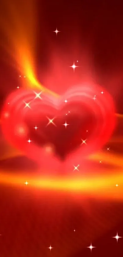 Glowing red heart with sparkles and golden swirls.