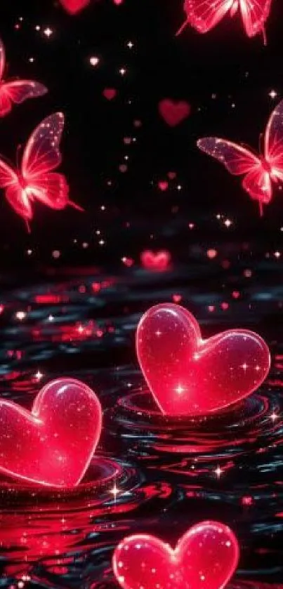 Red hearts and butterflies glowing in the night.