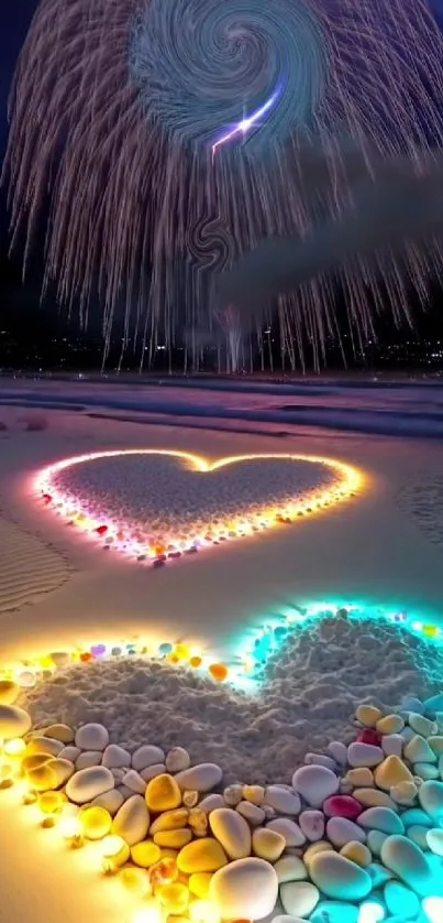 Glowing heart designs on a beach with nighttime sky and colorful lights.