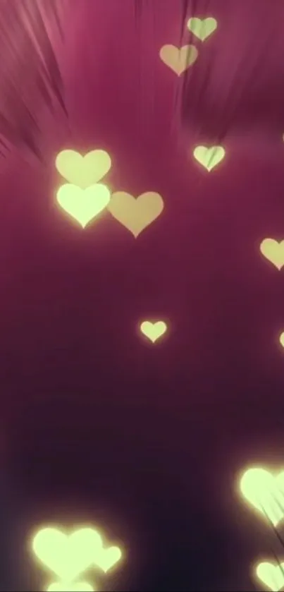 Mobile wallpaper with glowing yellow hearts on a dark purple background.