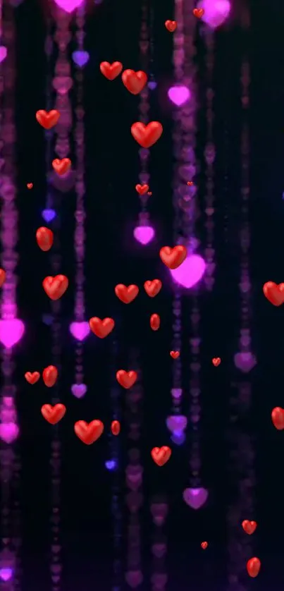 Mobile wallpaper with glowing red hearts and purple lights on a dark background.