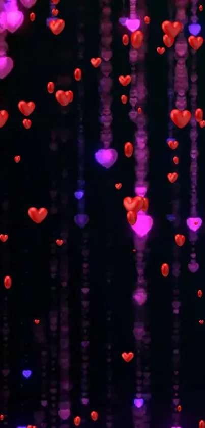 Red and pink glowing hearts on a dark background for mobile wallpaper.