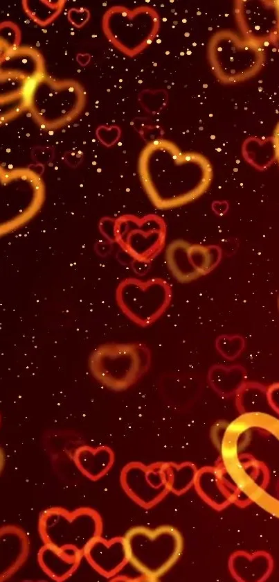 A vibrant mobile wallpaper with glowing heart designs on a dark background.