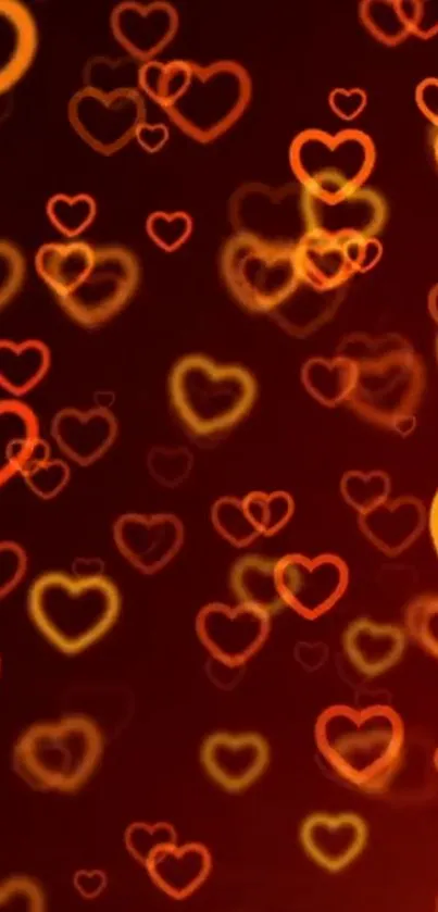 Glowing orange and yellow hearts on a red background.