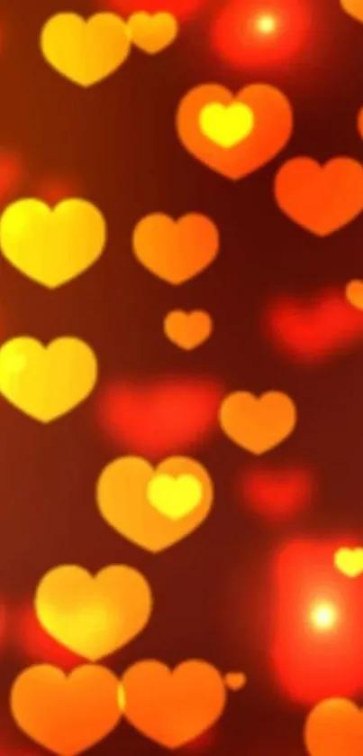 Mobile wallpaper with glowing red and orange heart shapes.