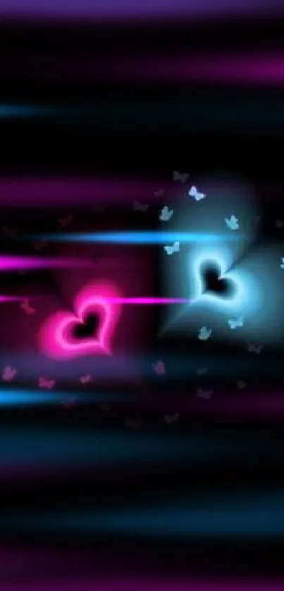 Glowing neon hearts with butterfly accents on a black background.