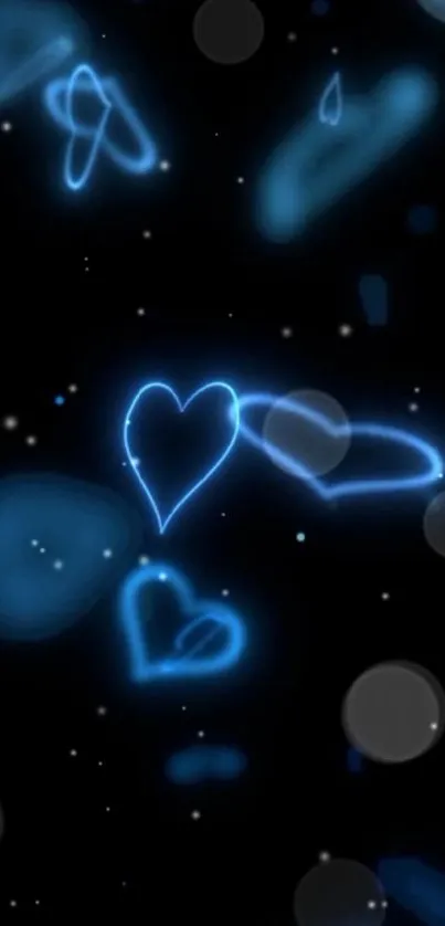 Glowing neon hearts on a dark, modern background wallpaper.