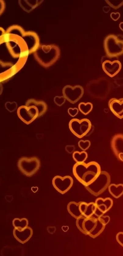 Glowing hearts on a deep red wallpaper background for mobile devices.