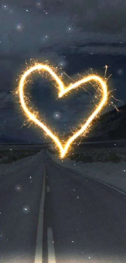 Mobile wallpaper with glowing heart shapes on a dark road.