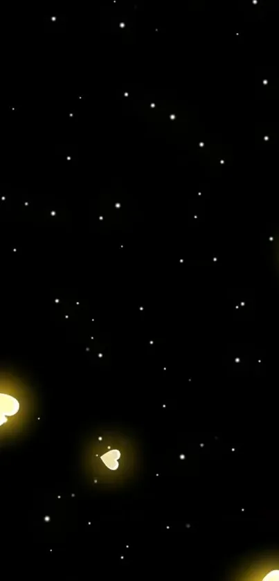 Glowing hearts and stars on a black background wallpaper.