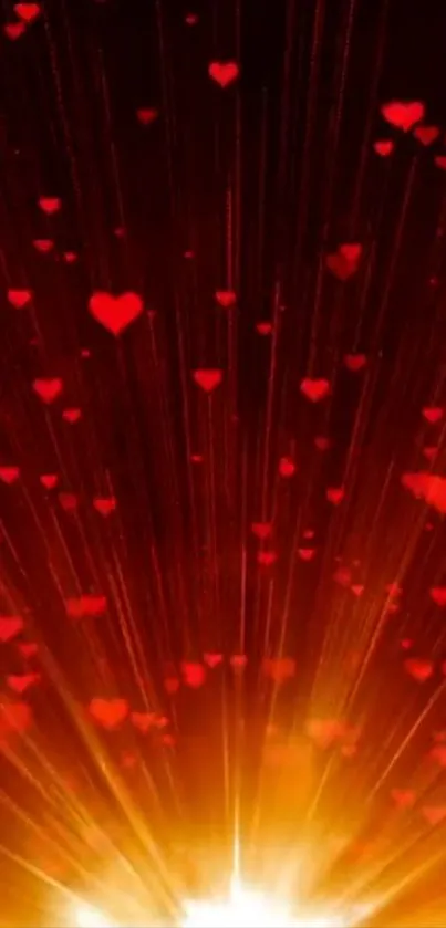 Glowing red hearts with orange rays in a dark background.