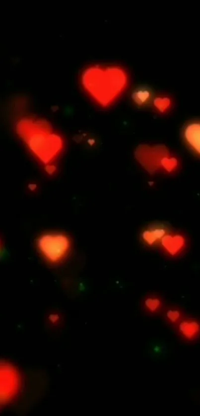 Mobile wallpaper with glowing red hearts on a dark background, creating a romantic look.