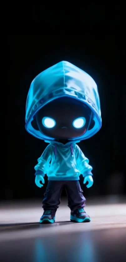 Glowing hooded cartoon character with bright eyes on a dark background.