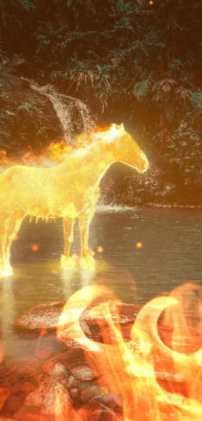 Glowing horse by jungle waterfall and stream.