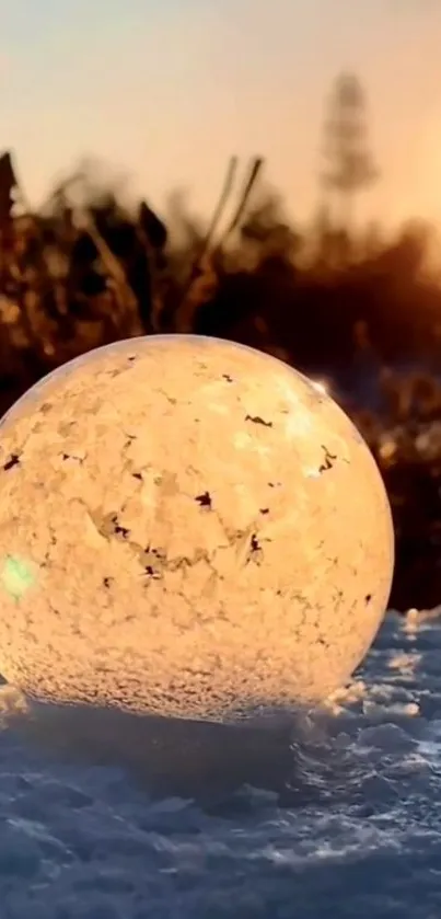 Glowing ice sphere on a frosty sunrise background.