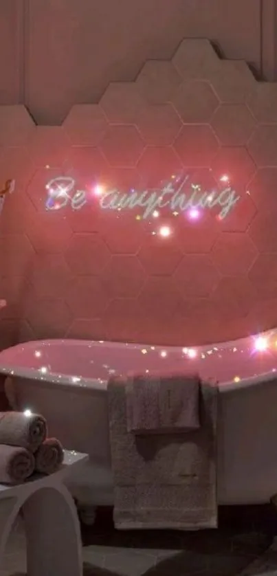 Bathroom with pink glow and 'Be anything' neon sign on hexagonal tiles.