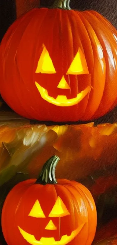 Two glowing jack-o'-lanterns with smiles in a warm, artistic setting for Halloween.