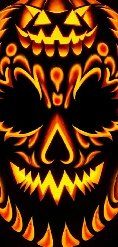 Intricate glowing jack-o'-lantern mask with vibrant orange patterns.