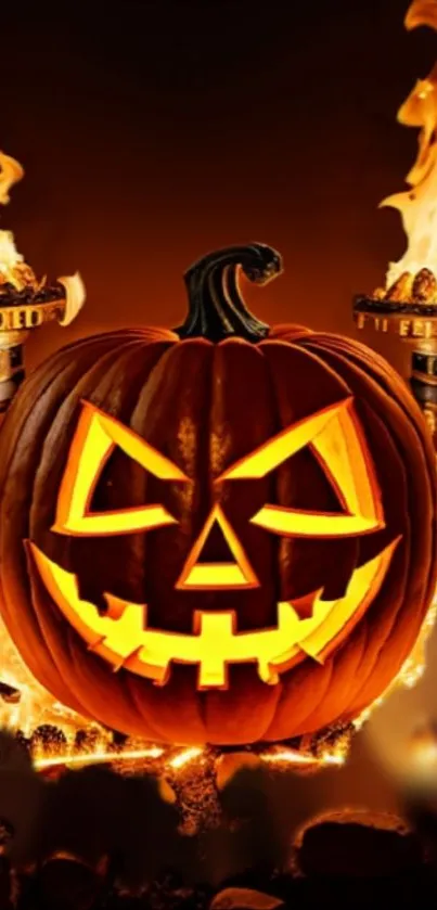 Glowing Jack-O'-Lantern with a spooky fiery background wallpaper.