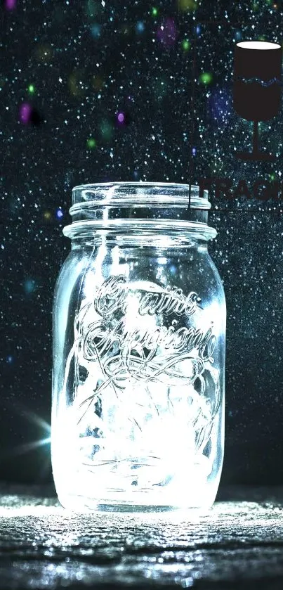 Glowing mason jar against a dark starry background.