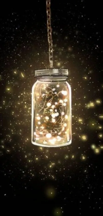 Jar filled with glowing lights on a black background.