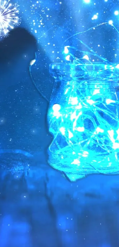 Glowing jar with blue fairy lights on a starry background.