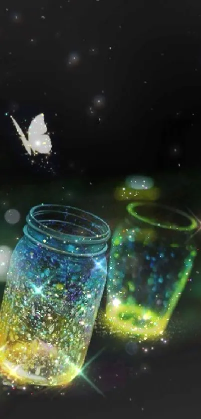 Glowing jar with butterflies at night, creating a magical and sparkling scene.