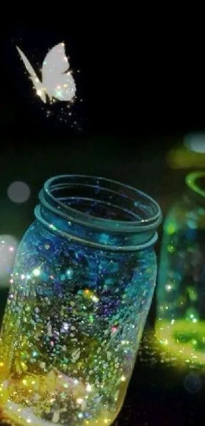 A glowing jar with a butterfly and sparkles in a mystical night setting.