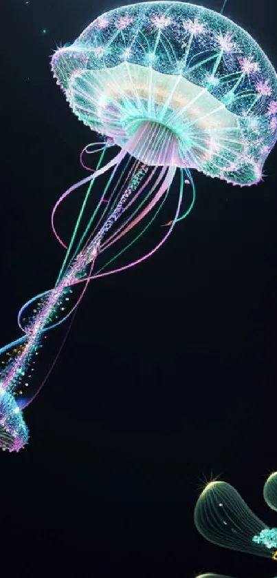 Neon jellyfish glowing on dark mobile wallpaper.