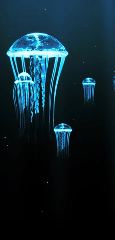 Blue glowing jellyfish against a dark sea background.