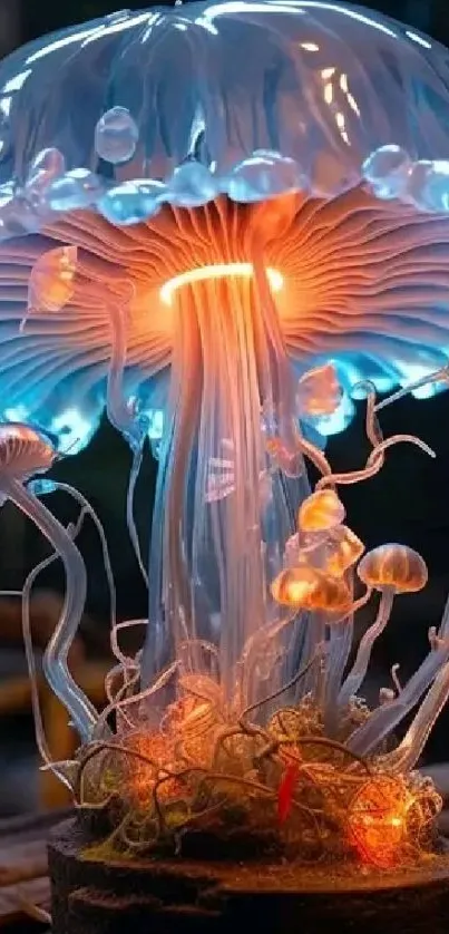 Glowing jellyfish fantasy art against a nature background.