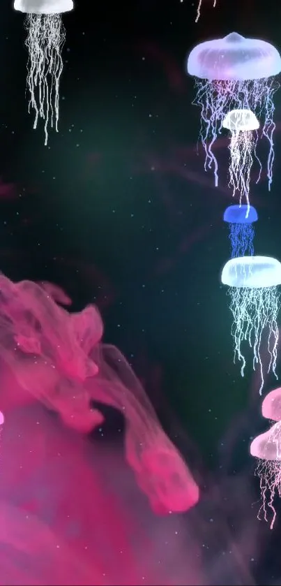 Glowing jellyfish against a galaxy background, radiating soft pink hues.