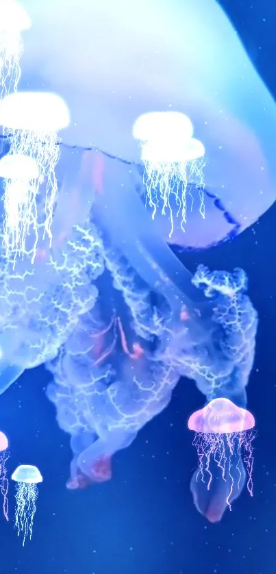 Vibrant glowing jellyfish in a deep blue ocean setting.