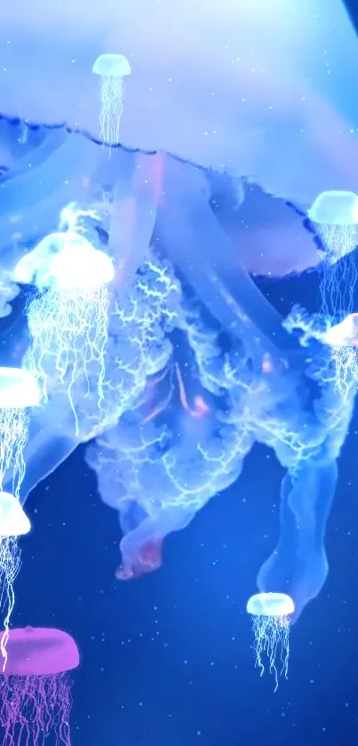 Vibrant jellyfish glow against a deep blue background in an aquatic scene.