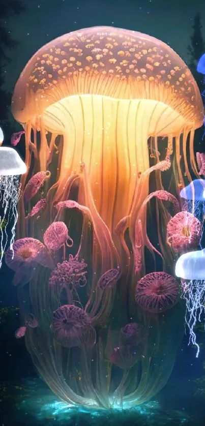 Vibrant glowing jellyfish wallpaper with fantasy elements.