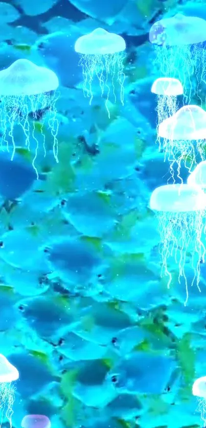 Turquoise jellyfish glowing under the ocean surface with vibrant aquatic scene.