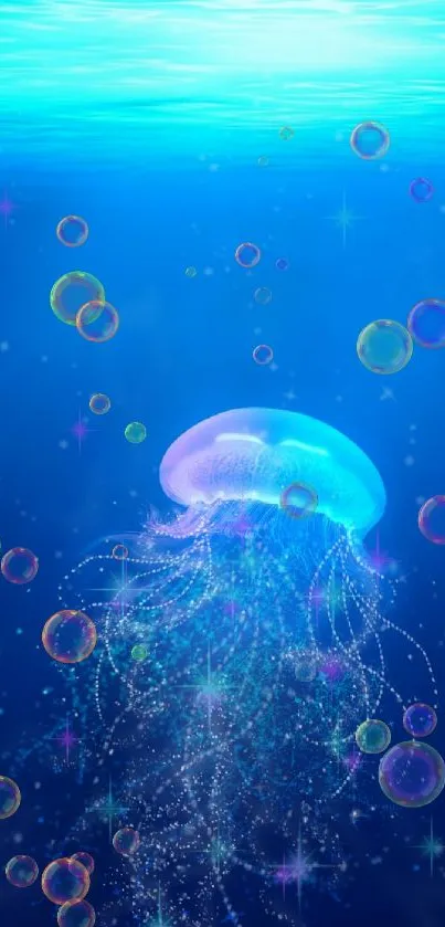 A glowing jellyfish drifts peacefully in a deep blue ocean, emitting a soft, ethereal light.