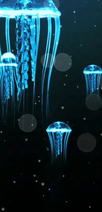 Blue luminous jellyfish floating in a dark aquatic background.